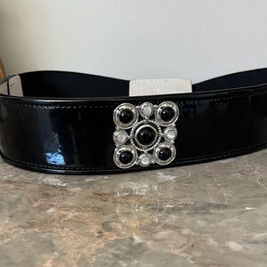 White House Black Market Glossy Black Belt with Silver and Pearl Buckle